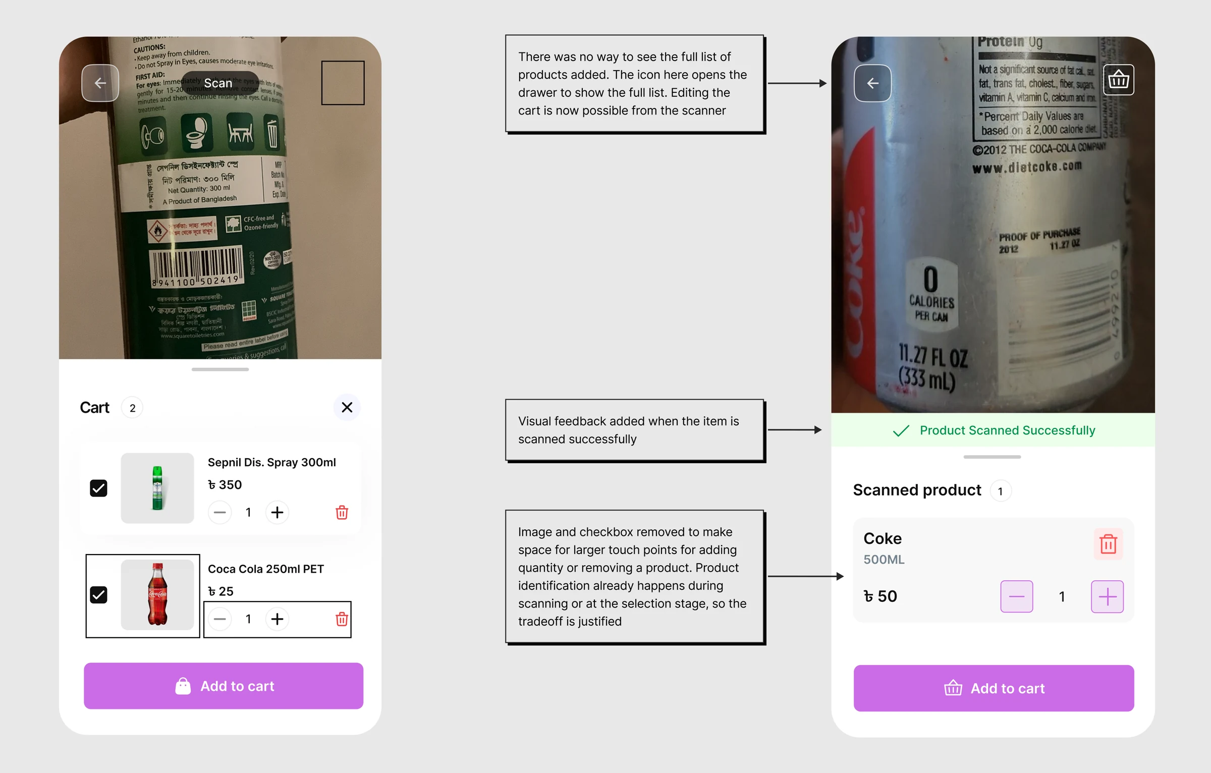 Purno barcode scanner before and after, with notes