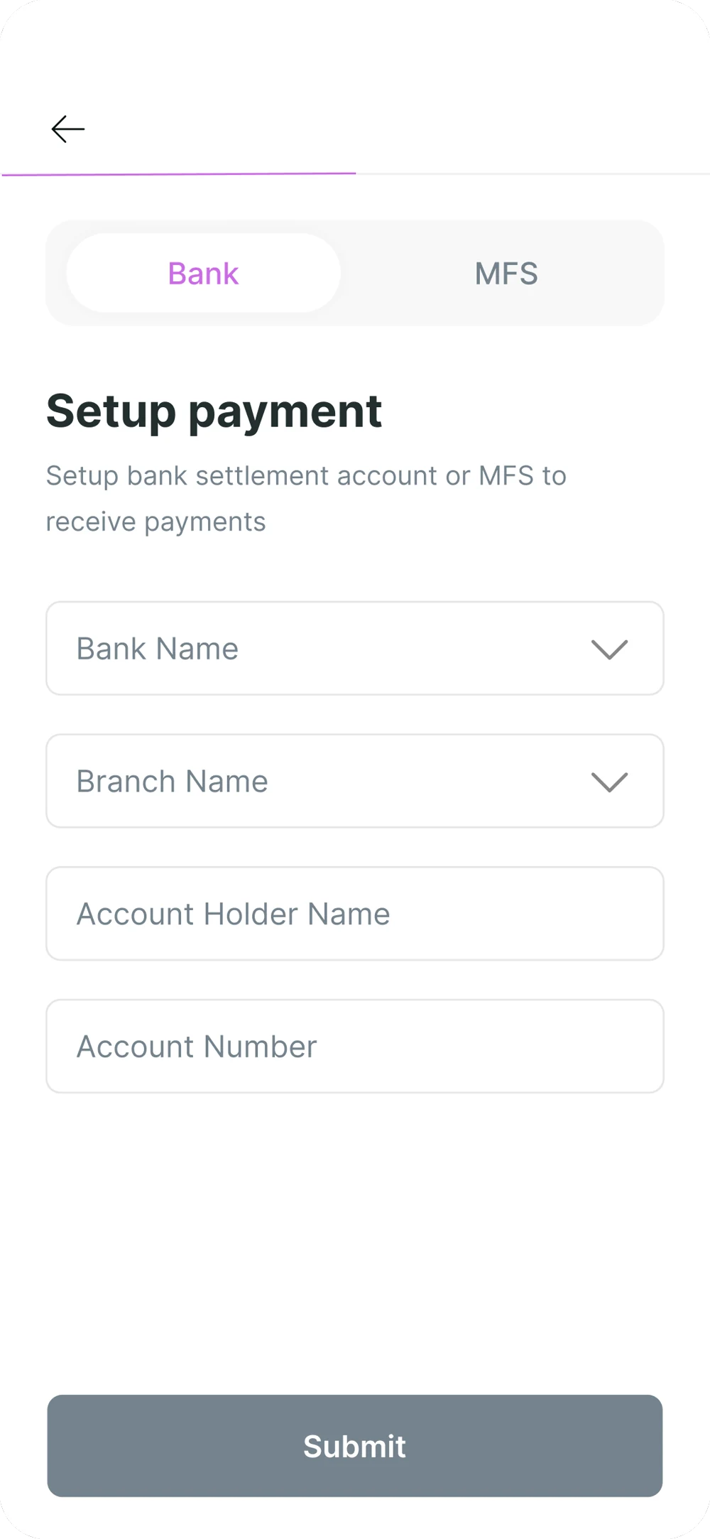 Purno bank settlement account setup