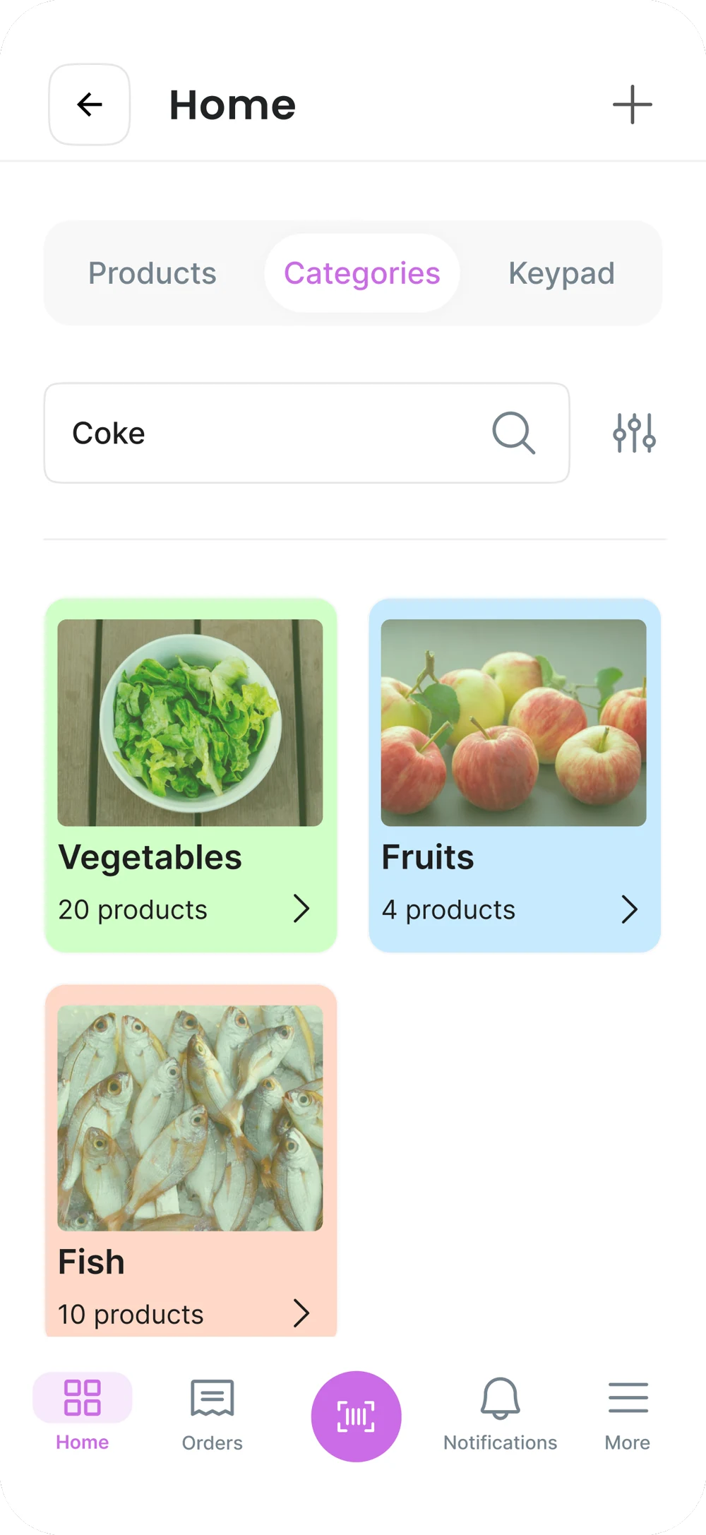 Purno home screen with color coded categories