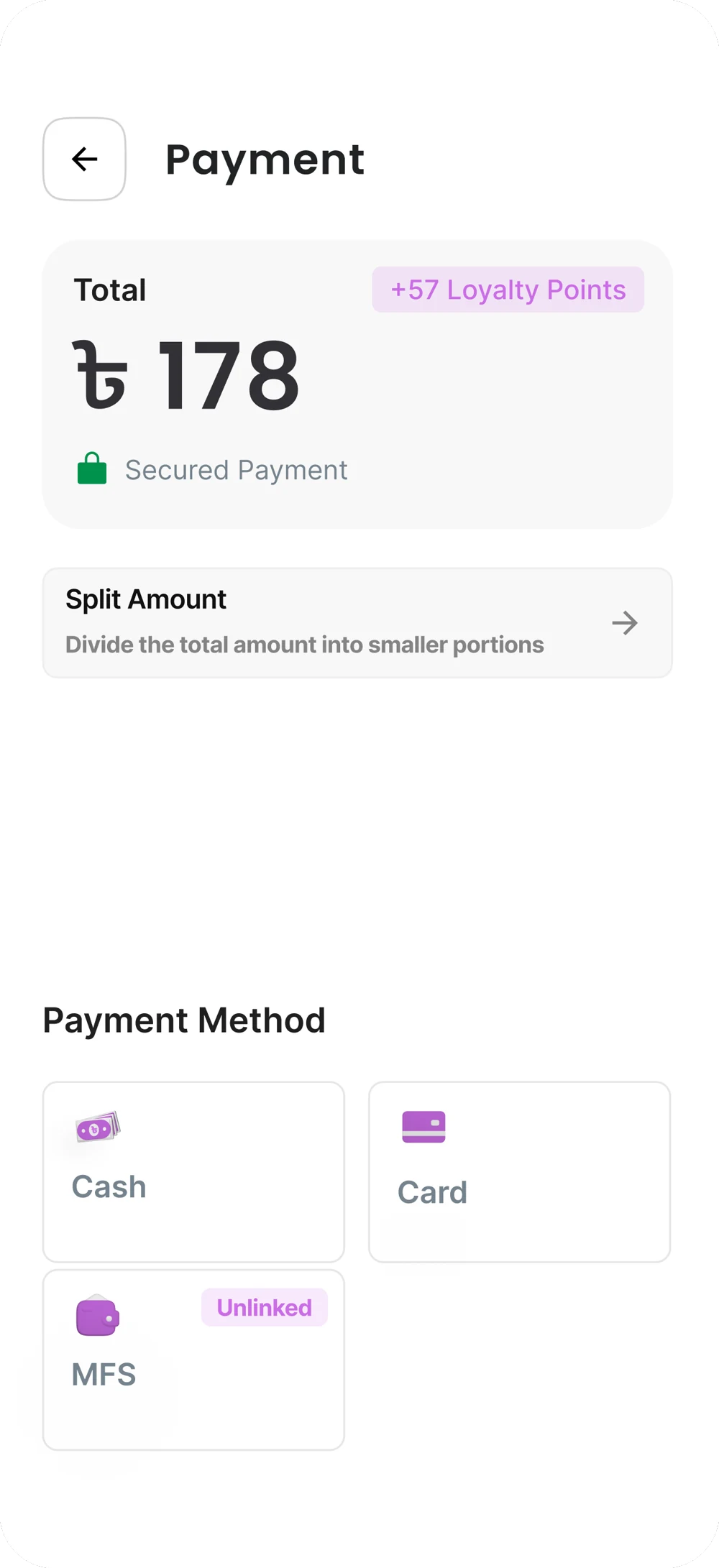 Purno payment page with cash, card, and MFS