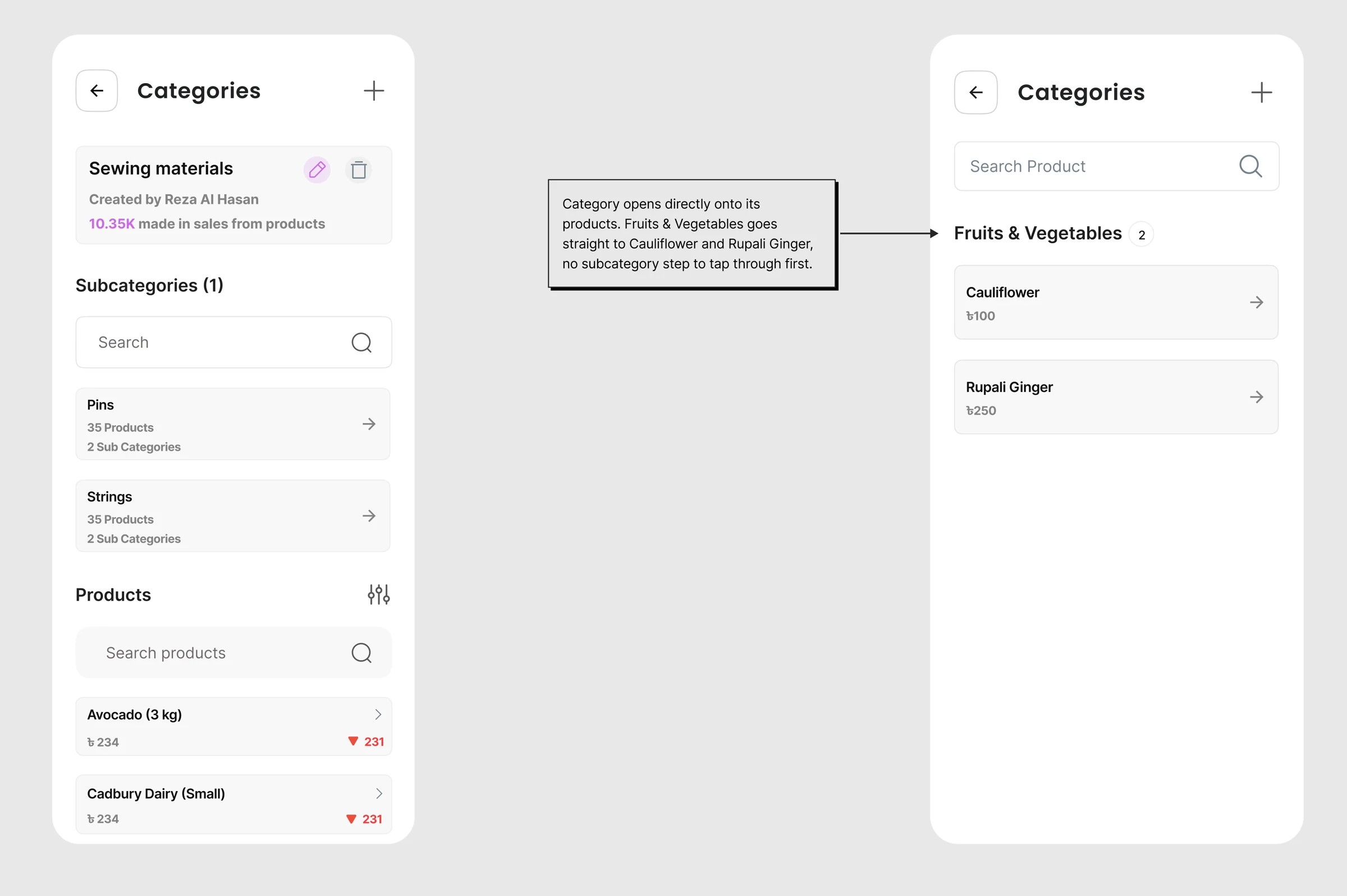 Purno category screen before and after, with notes