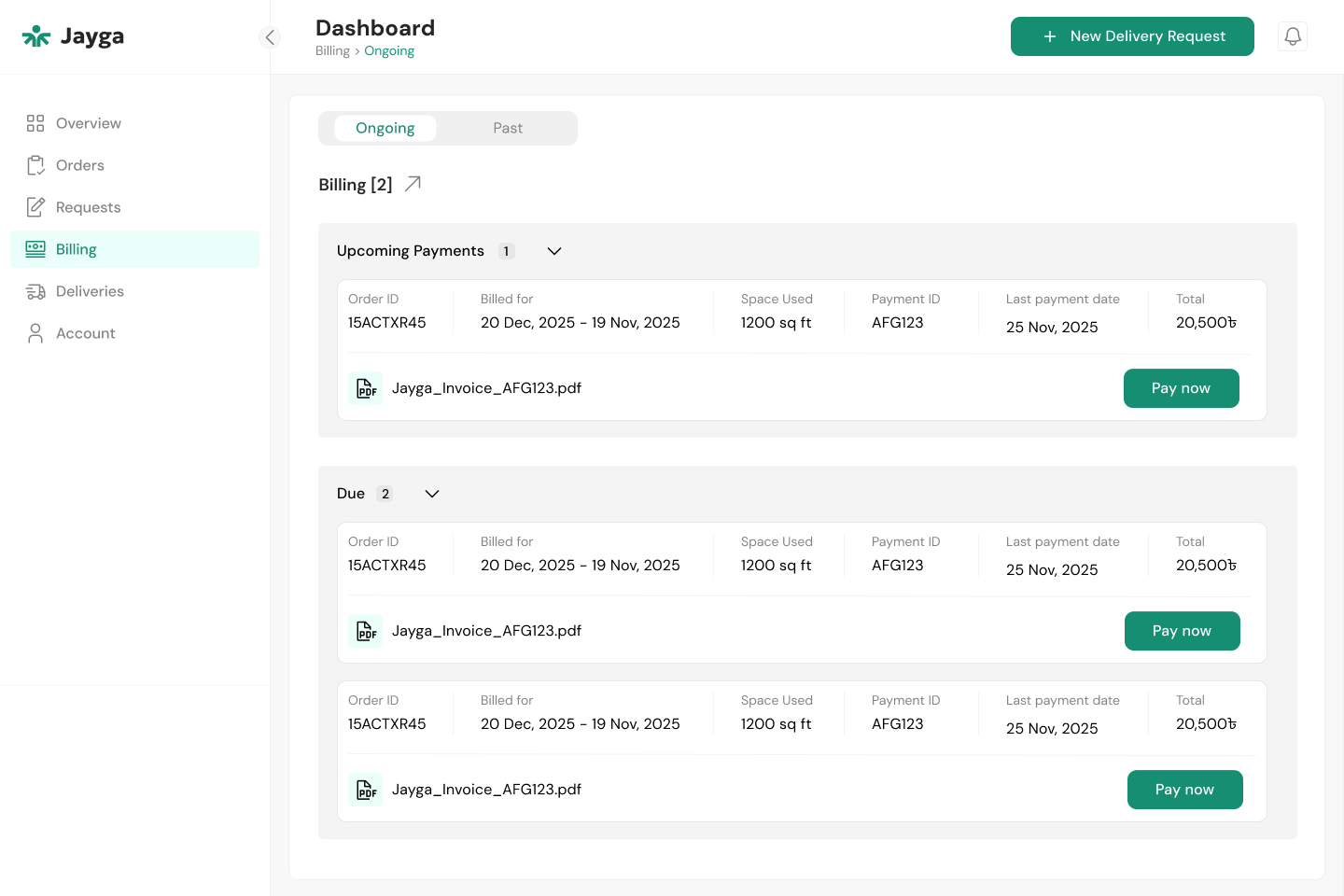Jayga client billing dashboard
