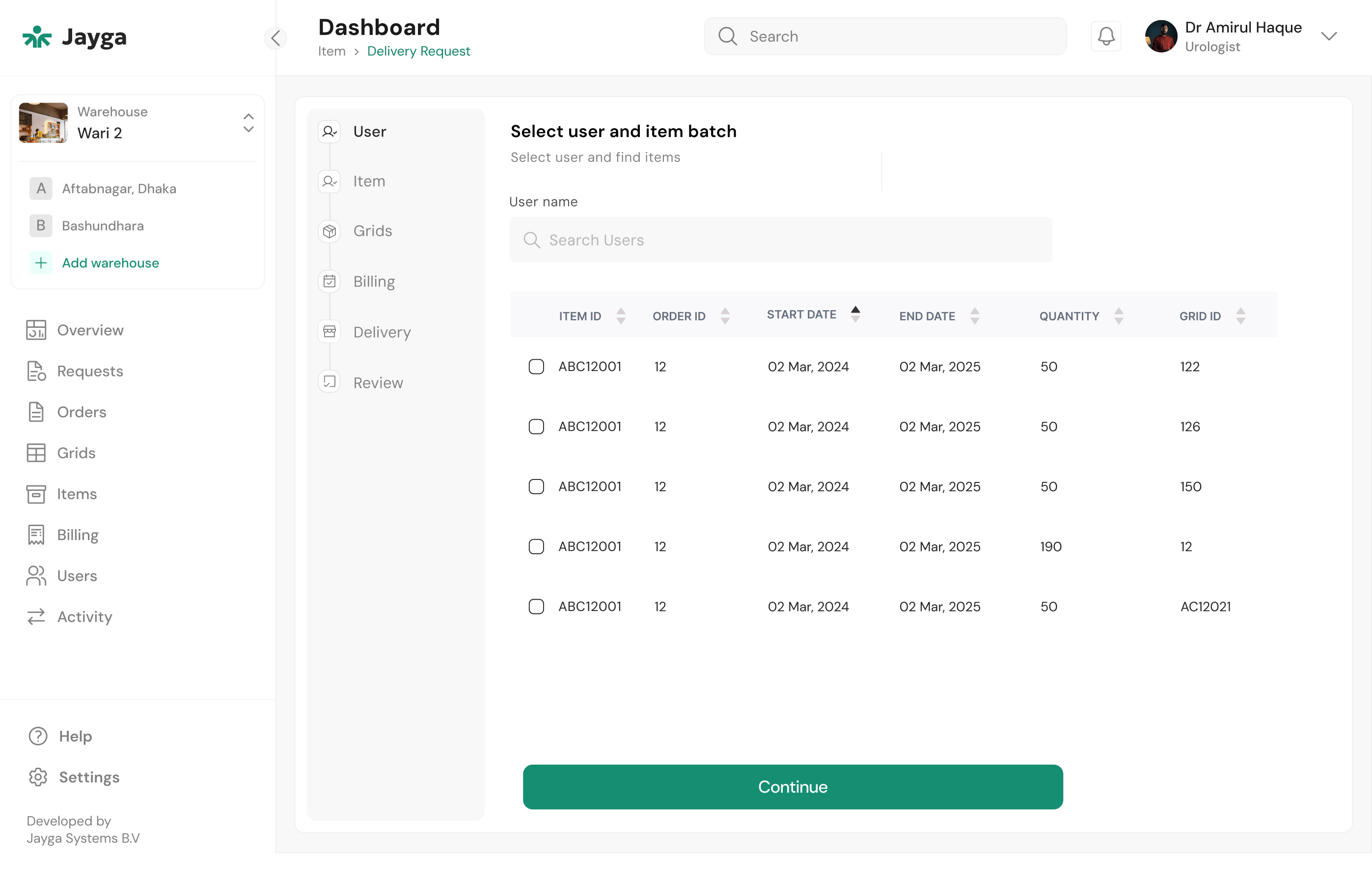 Jayga delivery request, select user and item batch
