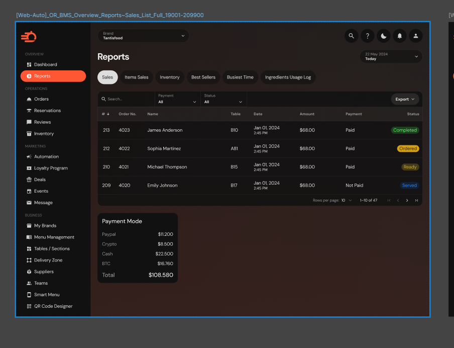Orderific reports screen in dark mode
