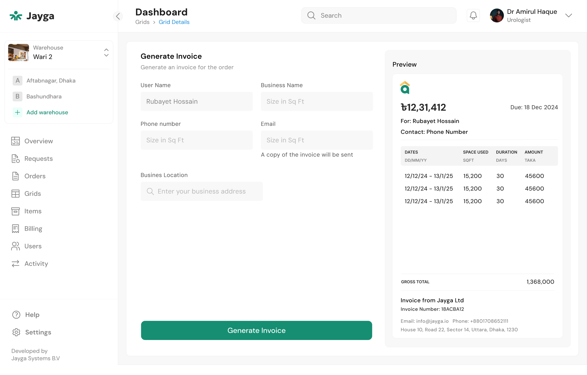 Jayga generate invoice screen with live preview