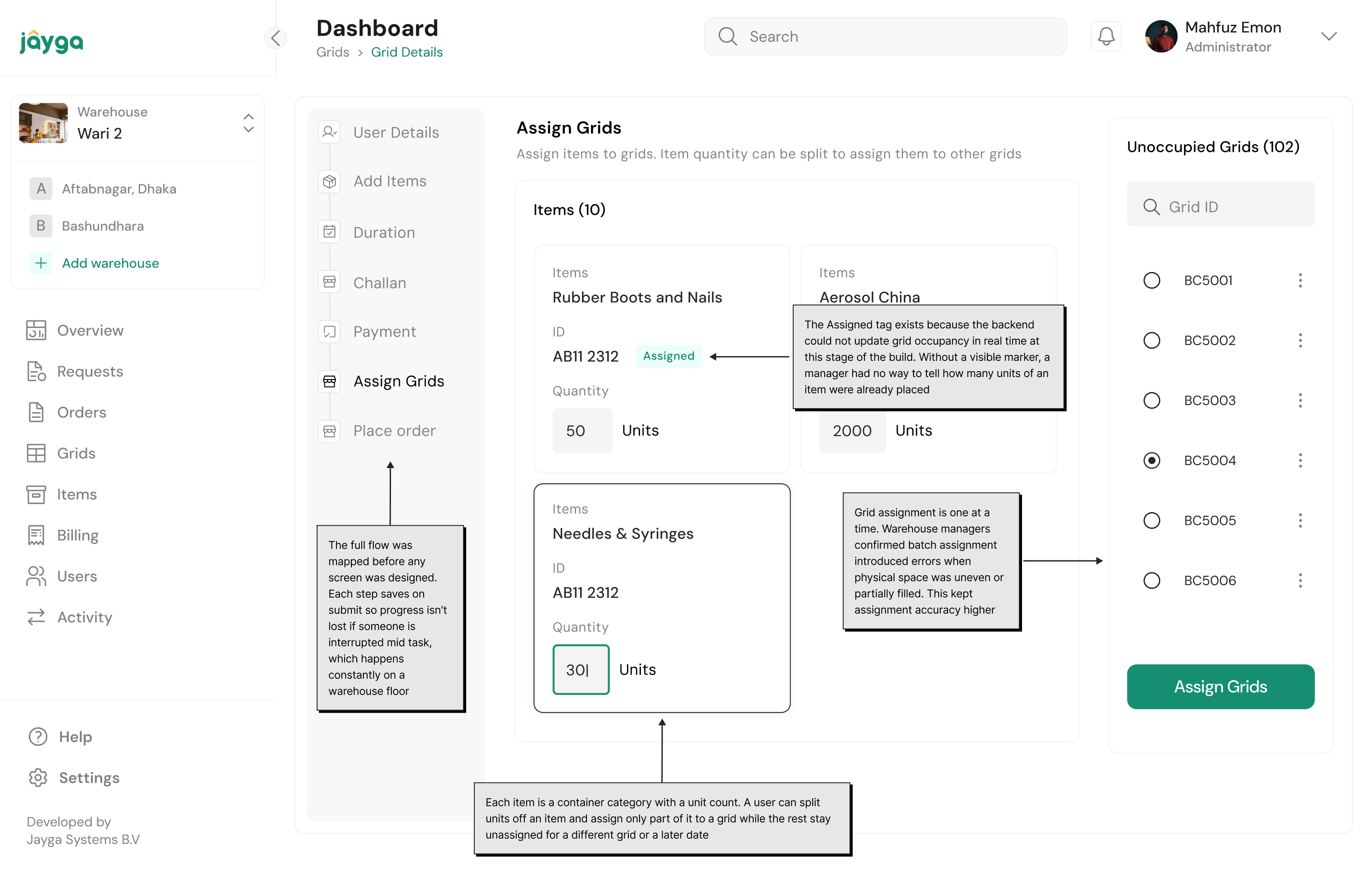 Jayga assign grids screen