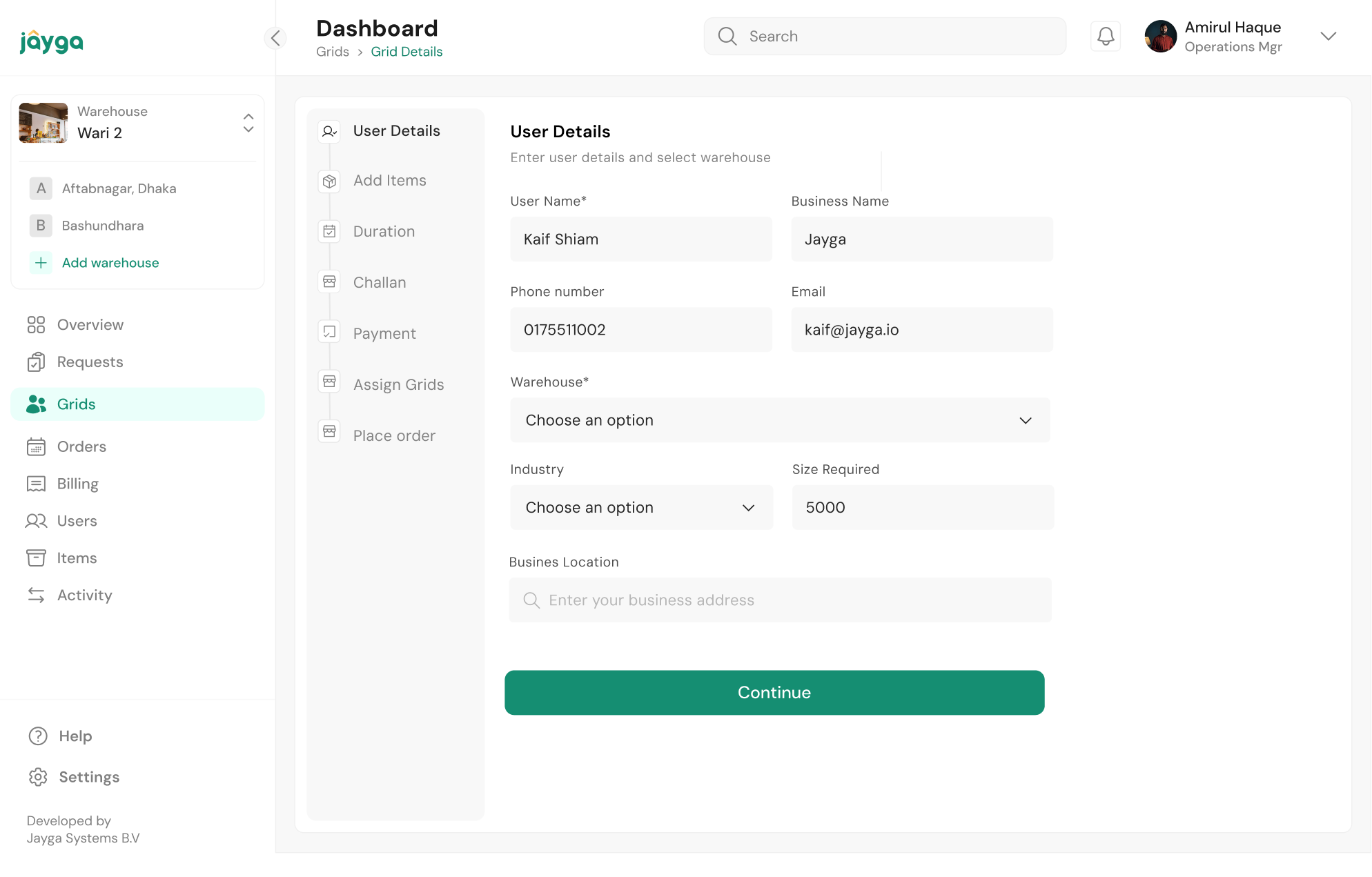 Jayga order intake user details screen