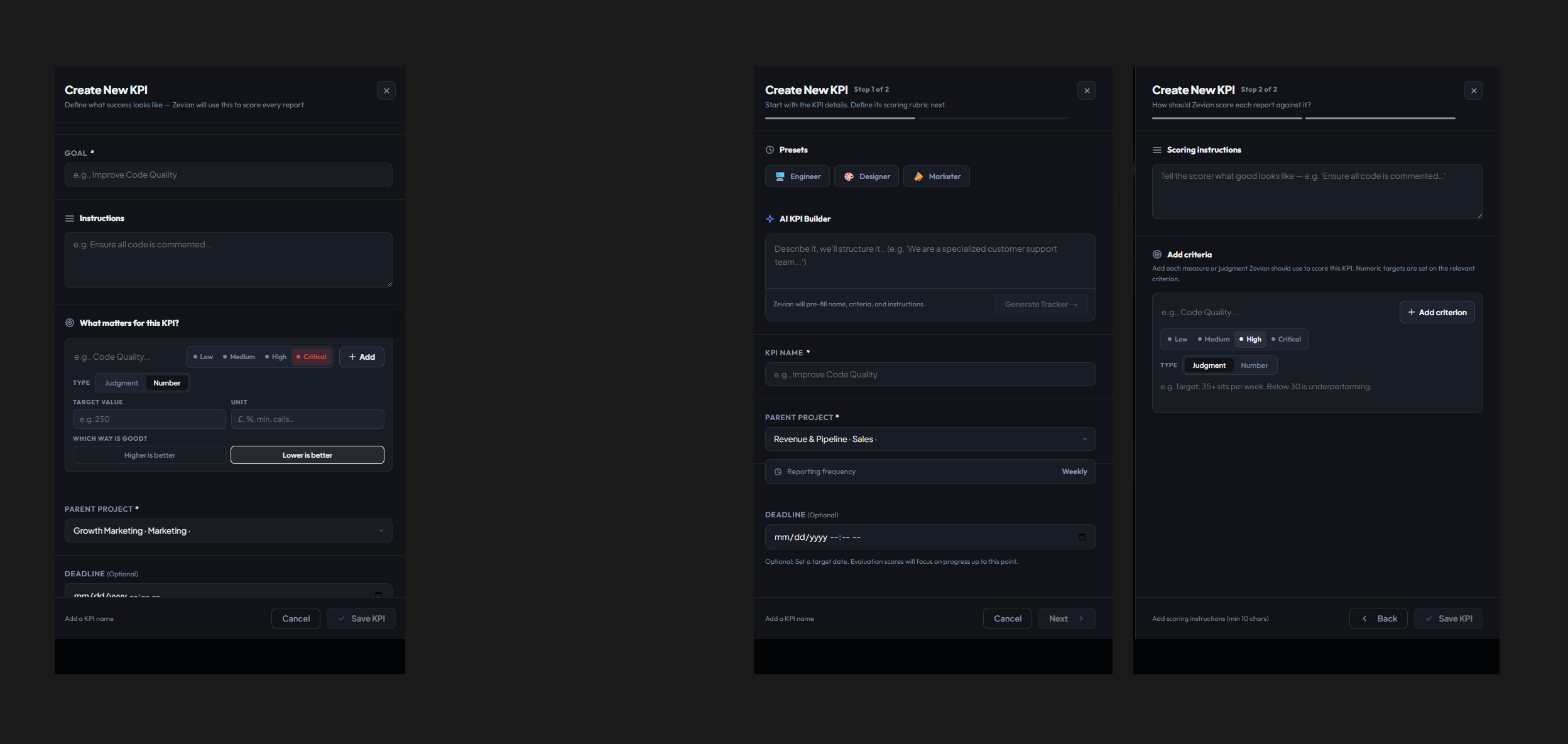 Before and after of KPI creation, moving from one long form to a two-step flow with presets and AI builder
