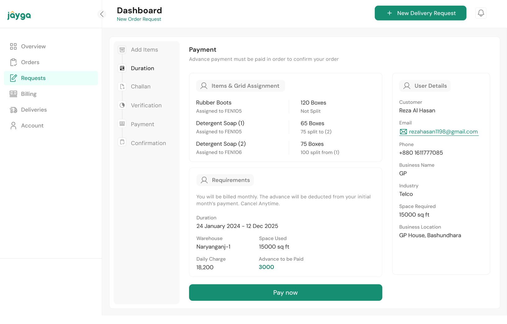 Jayga order payment summary on the client dashboard