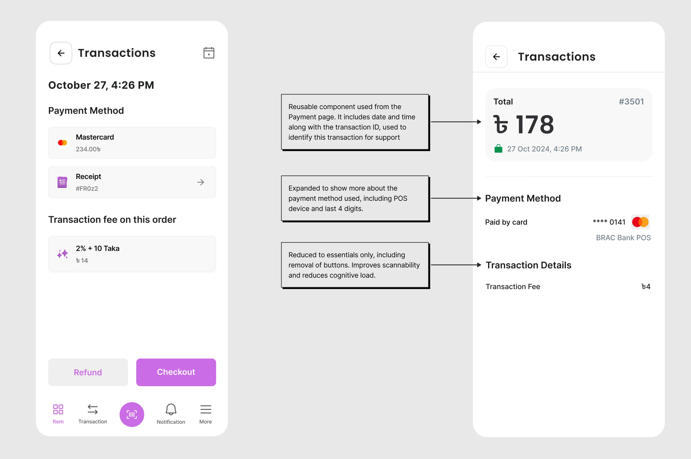 Purno transaction detail before and after, with notes