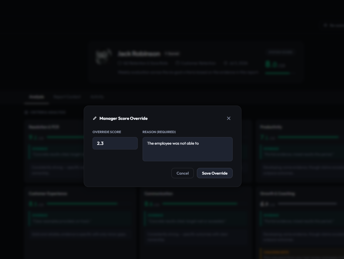 Manager score override with mandatory justification