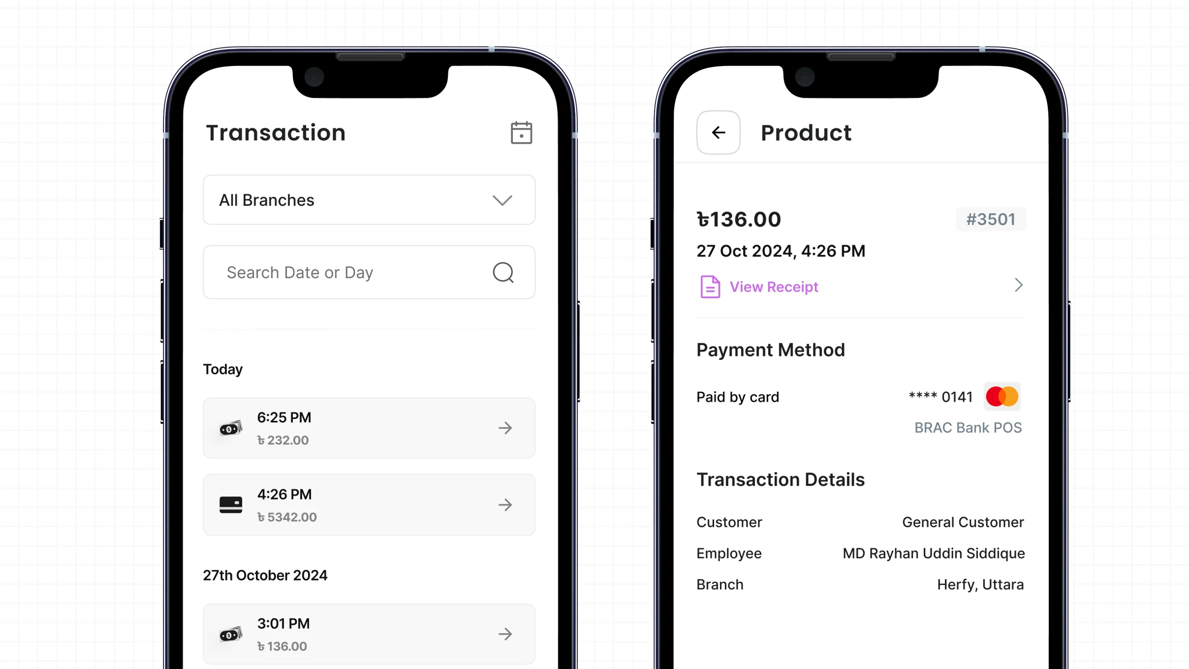 Purno merchant app transaction list and detail