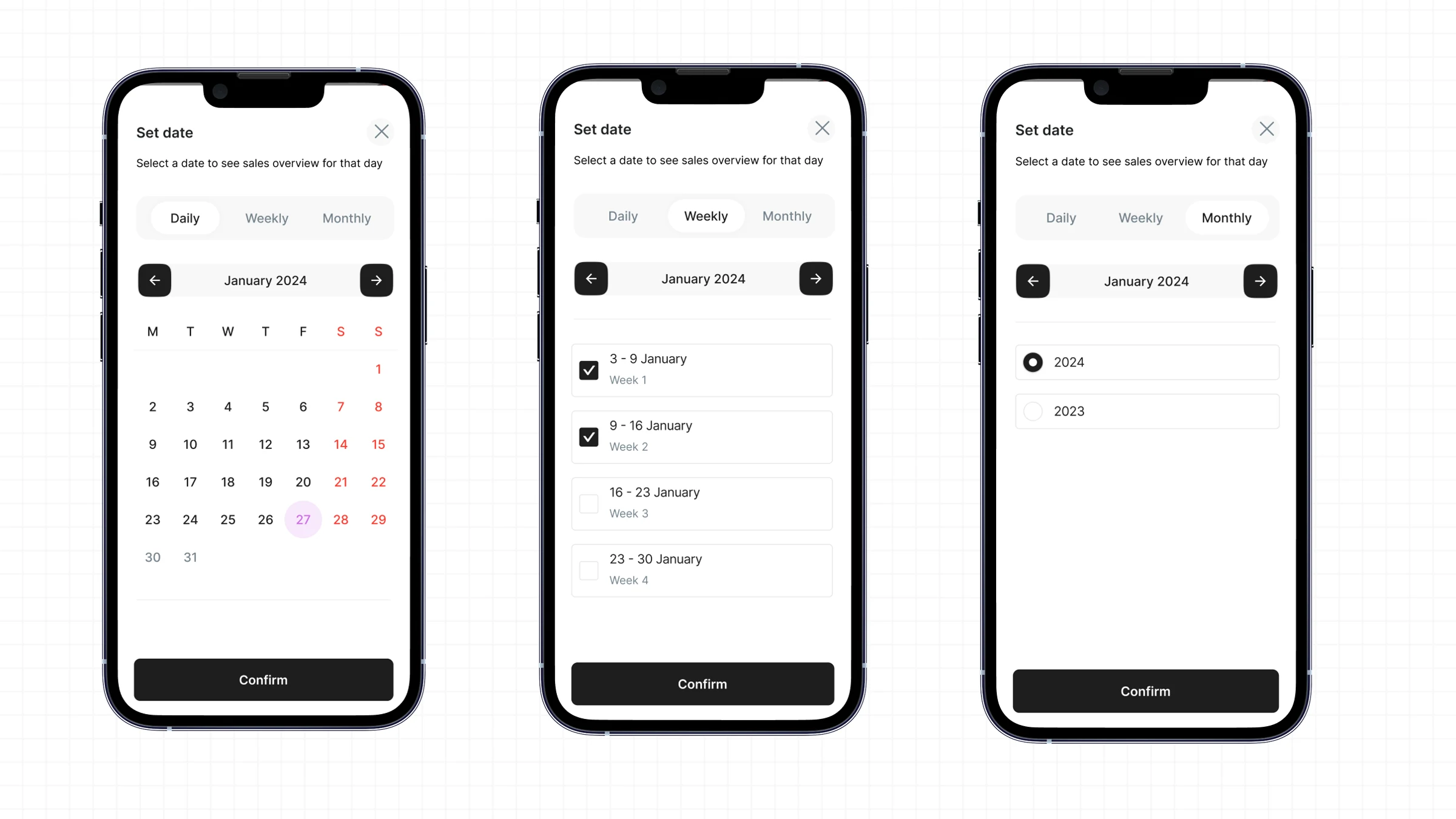 Purno merchant app date filter in daily, weekly, and monthly modes