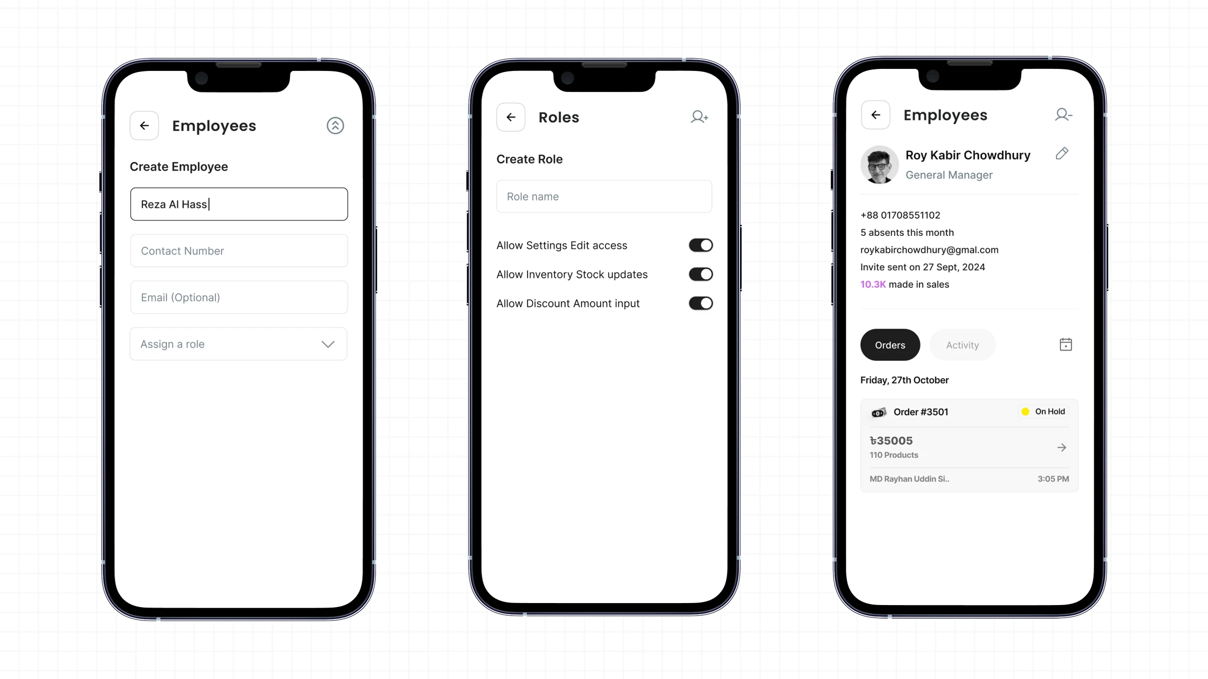 Purno merchant app employees, roles, and permissions